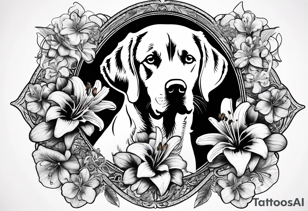 Lily flowers with Clover leaf card a cross and blue eyes of a Labrador retrevier tattoo idea