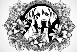 Lily flowers with Clover leaf card a cross and blue eyes of a Labrador retrevier tattoo idea