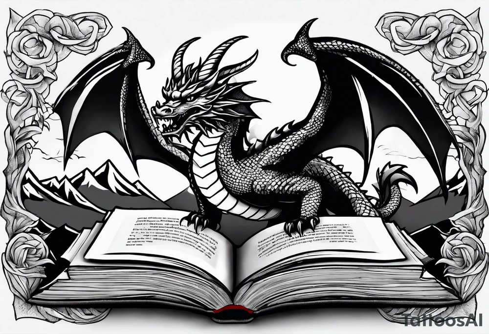 A large open book. a dragon with scales and four legs flying high in the sky. three mountains tattoo idea