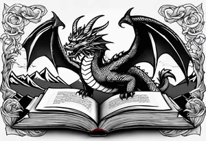 A large open book. a dragon with scales and four legs flying high in the sky. three mountains tattoo idea