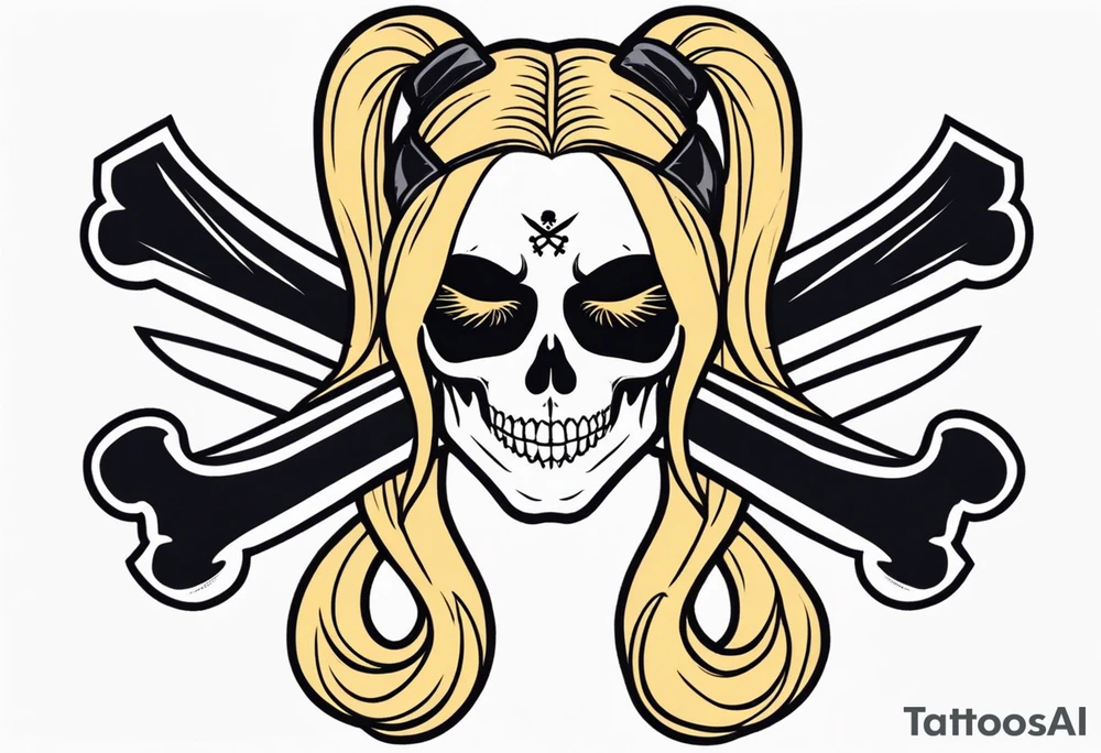 feminine skull  with hair in two blonde pigtails and crossbones underneath tattoo idea
