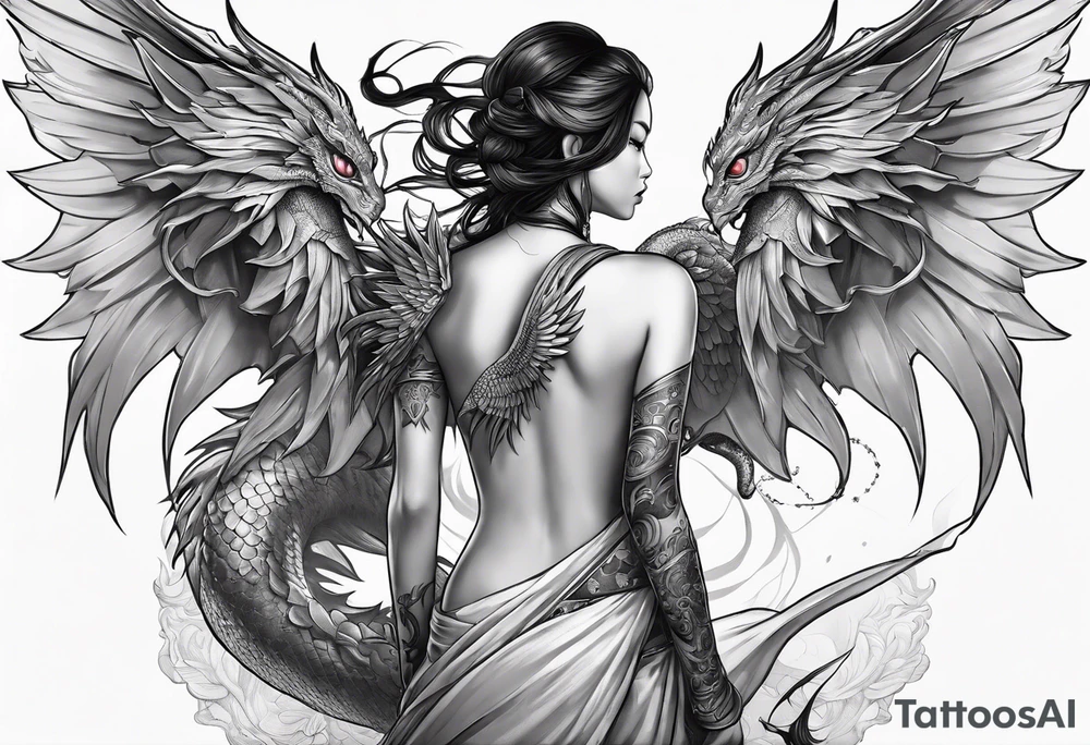 beautiful warrior nymph with large wings coming out of her back and a dragon in the background tattoo idea