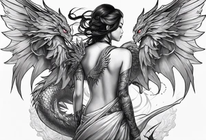 beautiful warrior nymph with large wings coming out of her back and a dragon in the background tattoo idea