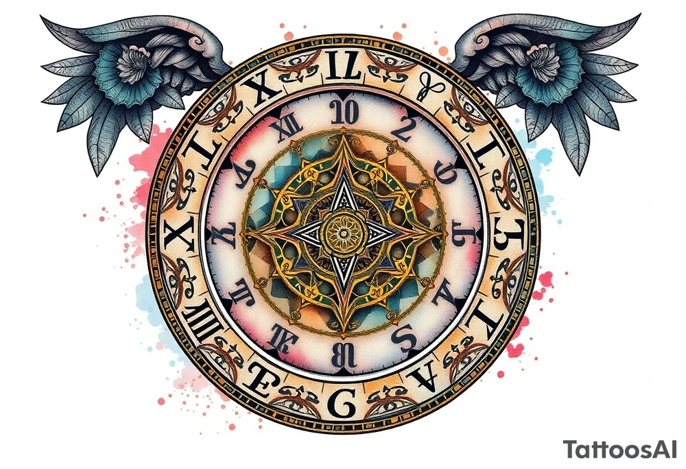 zodiac symbols runes within ornate clockwork mechanism tattoo idea