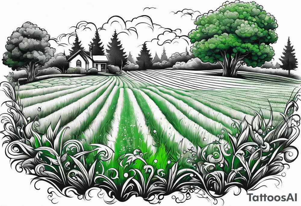 Green lawn with sprinklers running tattoo idea