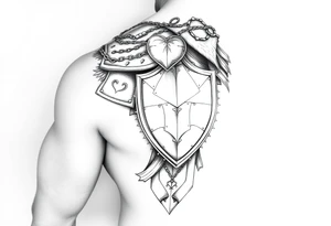 Layered chainmail and plate armor from top of trapezius to below elbow with an intricate plate armor piece with a heart on shoulder tattoo idea