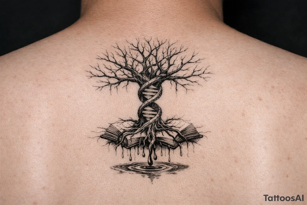 tree of life with a dna spiral for the trunk, bare branches spreading out at different lengths, and roots sprouting through open books, with water dripping from the roots into a puddle tattoo idea