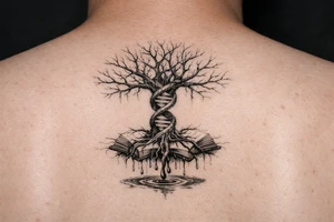tree of life with a dna spiral for the trunk, bare branches spreading out at different lengths, and roots sprouting through open books, with water dripping from the roots into a puddle tattoo idea