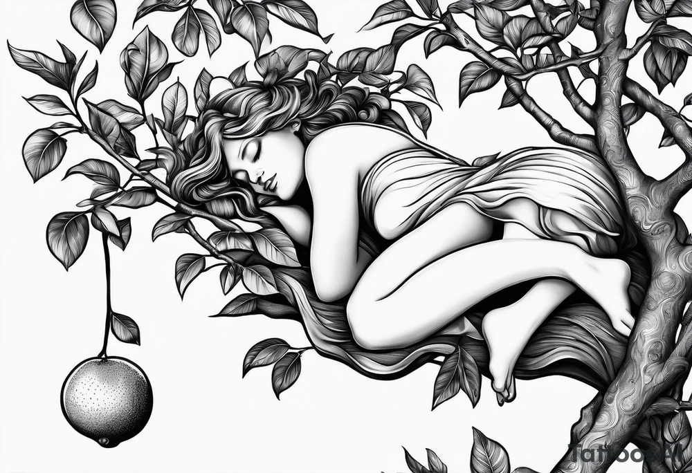 Fairy asleep on the branch of a lemon tree. tattoo idea