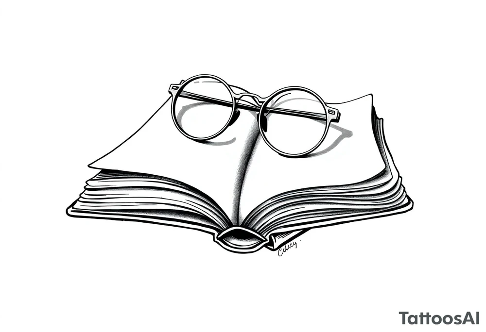 Open hard back book. large round glasses floating reading it tattoo idea