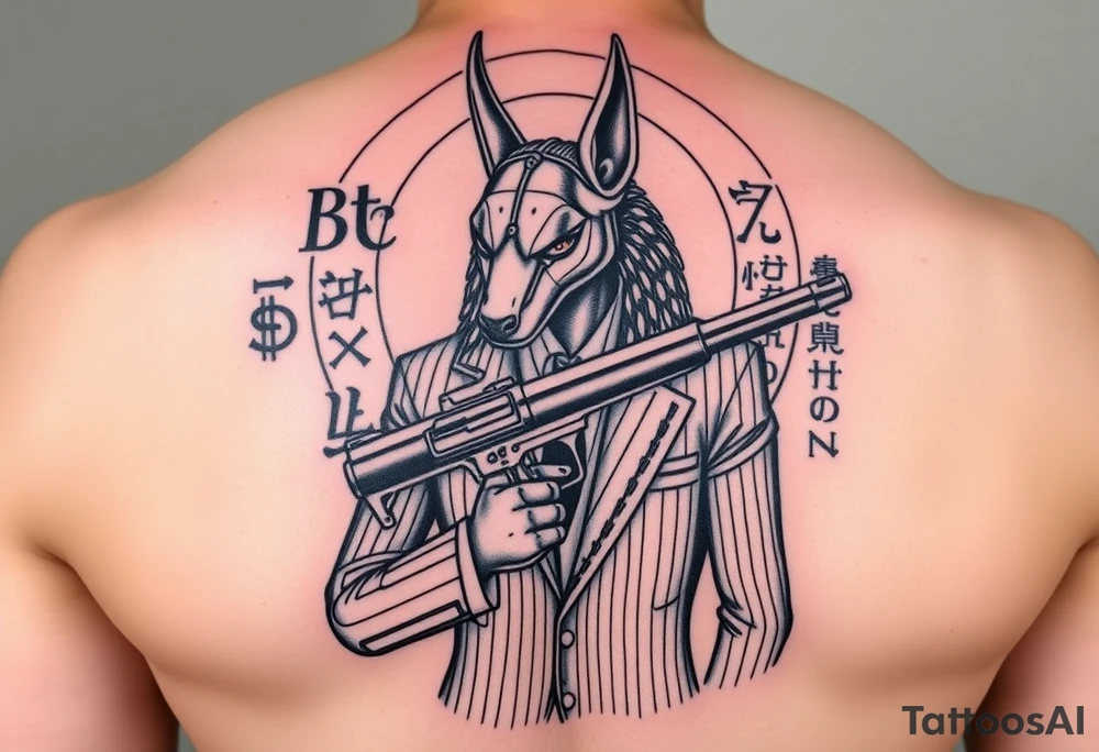 "Anubis in a 1920s gangster pinstripe suit, holding a tommy gun. His jackal head is half-cyborg (exposed circuits). Hieroglyph background spells 'BTC TO THE MOON'.  

Style: Art Deco meets cyber-Egyptian. Black/red/gold ink. Forearm sleeve." tattoo idea
