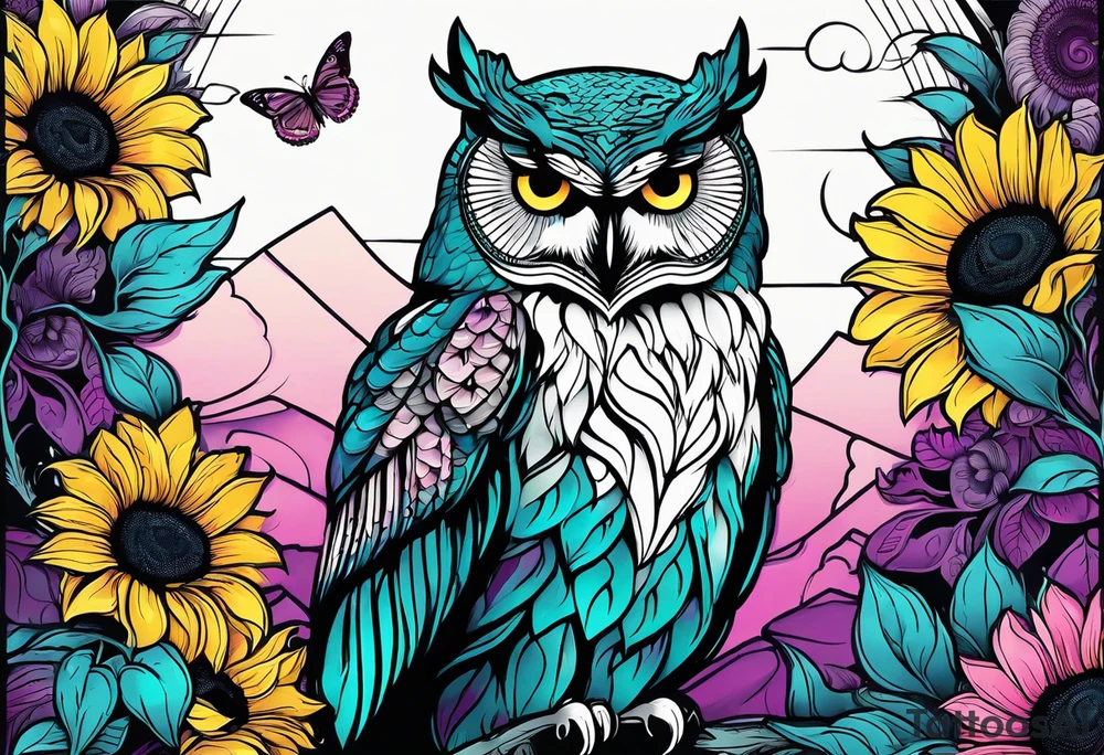 Black and white owl shaded teal, pink and purple surrounded by yellow sunflowers sleeve tattoo idea