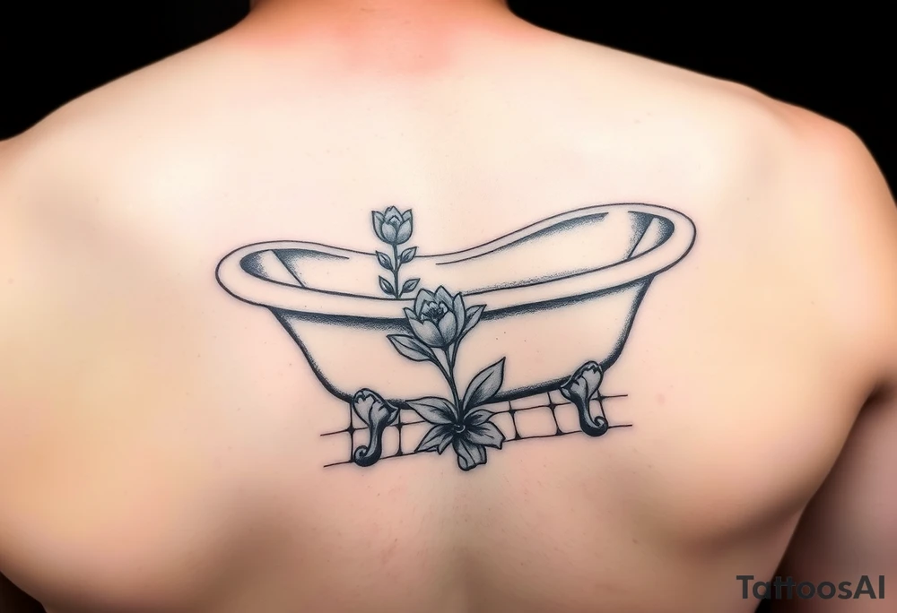 clawfoot bathtub with a tile floor and a flower growing through the cracks tattoo idea