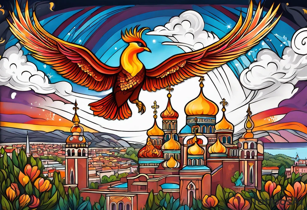russian firebird in-flight with fancy tail and small onion cap monastery towers in background, incorporate Isaiah 43: 18-19 tattoo idea