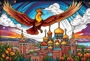 russian firebird in-flight with fancy tail and small onion cap monastery towers in background, incorporate Isaiah 43: 18-19 tattoo idea