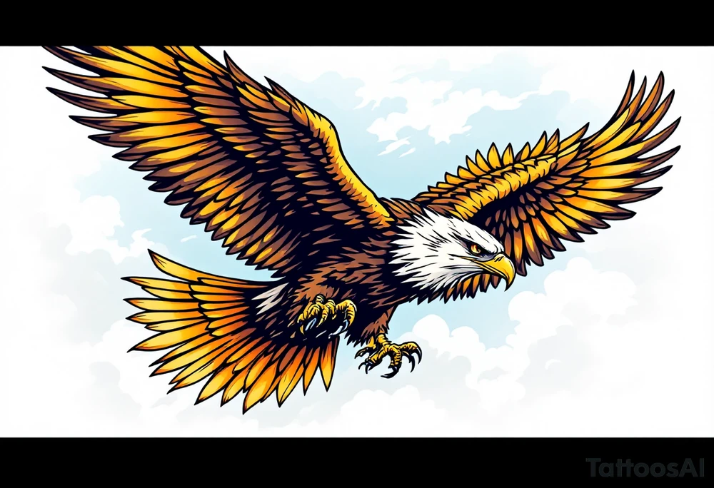 A majestic eagle in flight with wings spread wide, its feathers detailed in shades of deep brown, gold, and cream. The eagle’s sharp, focused eyes are outlined in black, with subtle accents of amber to create an intense gaze. The feathers on the wings have gradients of dark brown at the tips, transitioning to lighter golden hues towards the body. The background features a soft blue sky with wisps of clouds, adding a sense of movement and freedom. The eagle’s talons are outstretched, ready to grasp, with a slight glow around them, symbolizing power and dominance. A faint outline of a mountain range can be seen beneath the eagle, representing strength and resilience. tattoo idea