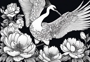 Japanese crane flying through peonies tattoo idea