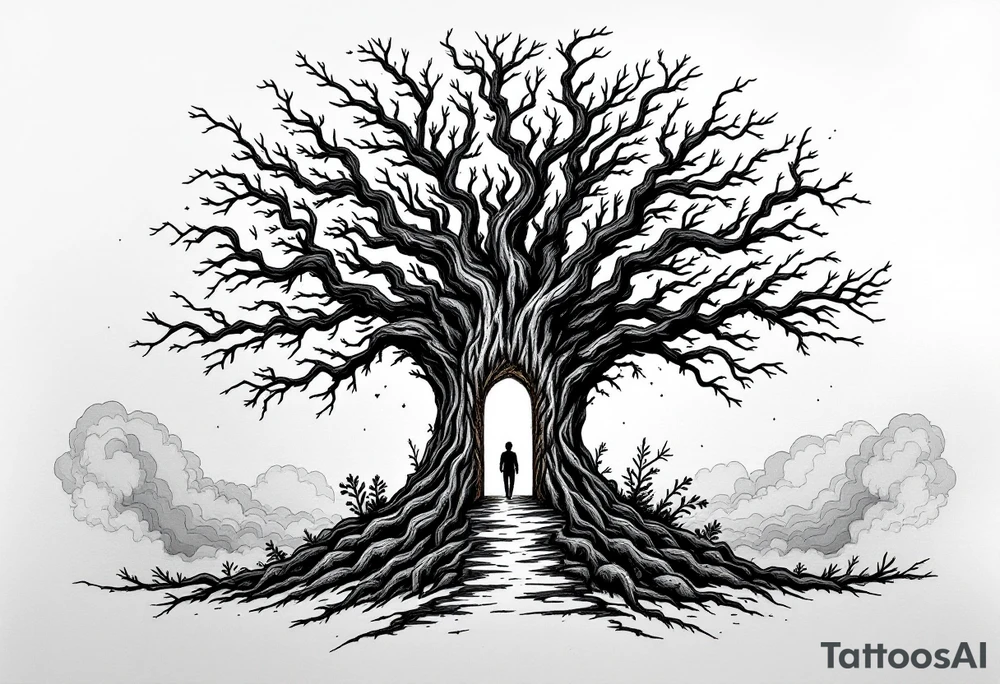 Back tattoo of a big tree with a door and a man walking through the door. On the left draw some fire clouds connecting to the tree, make it a lot. On the right side draw some lines on a treasure map connecting to the tree. Keep the tree in the middle! tattoo idea