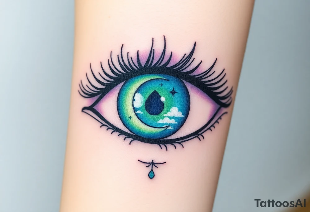 Large outline of an eye shaped like an almond with eye colored greenish blue with long pretty black eyelashes + spade eyeball  + a crescent moon stars and clouds inside of the eyeball only + using vivid colors like blue green purple light blue light green light purple tattoo idea