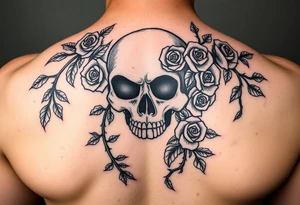 gothic skull intertwined with climbing roses and thorny vines tattoo idea