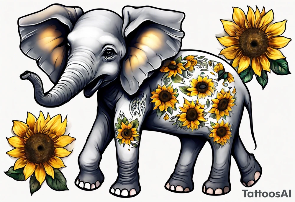 Under boob sternum baby elephant with sunflowers tattoo idea