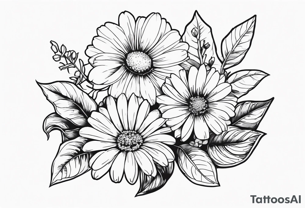 Daisy, rose, holly flower handheld 
bouquet tattoo idea