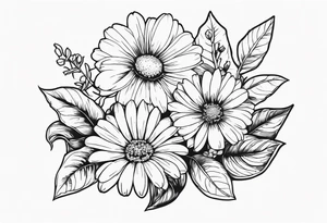 Daisy, rose, holly flower handheld 
bouquet tattoo idea