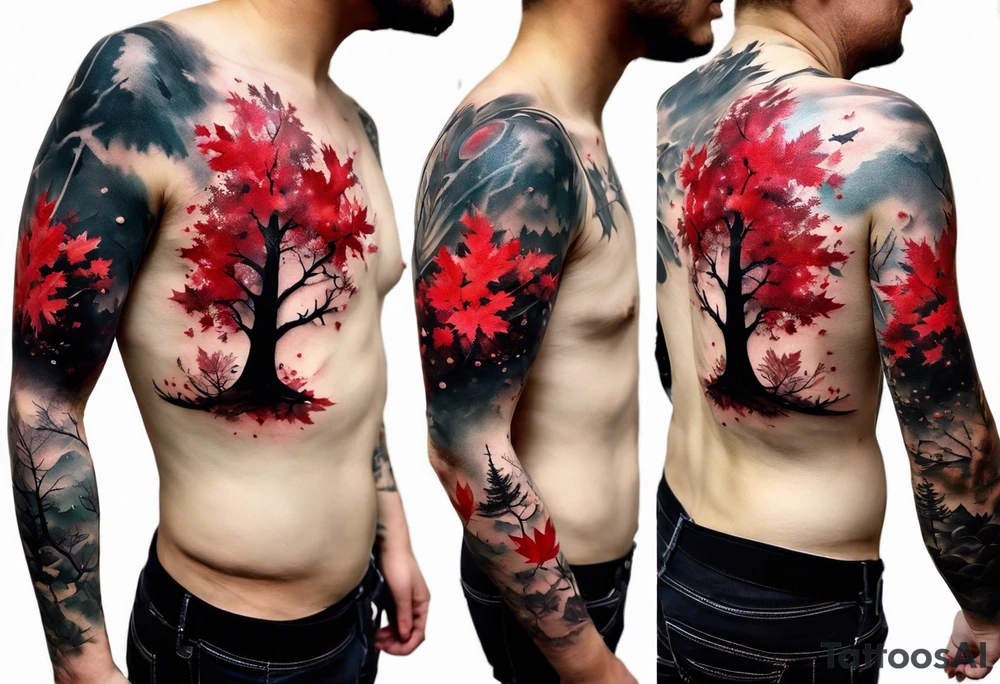 trash polka style. Arm tattoo. Long tattoo. large tattoo. Full sleeve. Shoulder. A single large maple tree with red autumn leaves that branches upwards from wrist to shoulder. White-throated dipper bird on the trees branches. Calluna flowers at the base of the trees stem. Tree stem has dark colors. Red/yellow sunset behind the trees stem. Leaves falling. tattoo idea