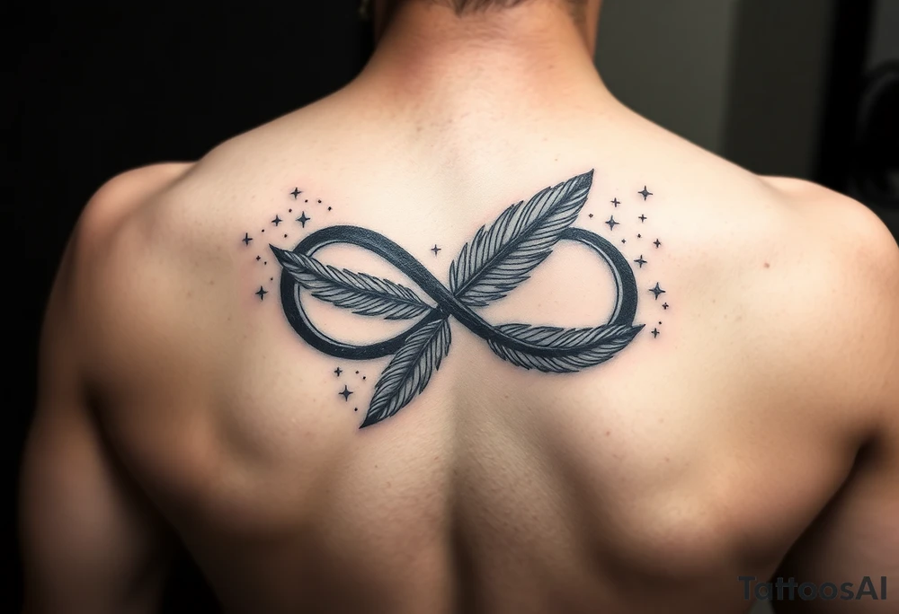 infinity symbol woven with floating feathers and stardust tattoo idea