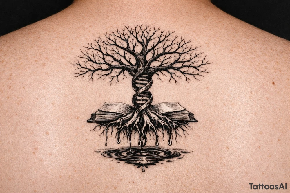 tree of life with a dna spiral for the trunk, bare branches spreading out to represent speciation/evolution, and roots sprouting out of open books to represent knowledge, with water dripping from the roots into a puddle tattoo idea