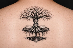 tree of life with a dna spiral for the trunk, bare branches spreading out to represent speciation/evolution, and roots sprouting out of open books to represent knowledge, with water dripping from the roots into a puddle tattoo idea