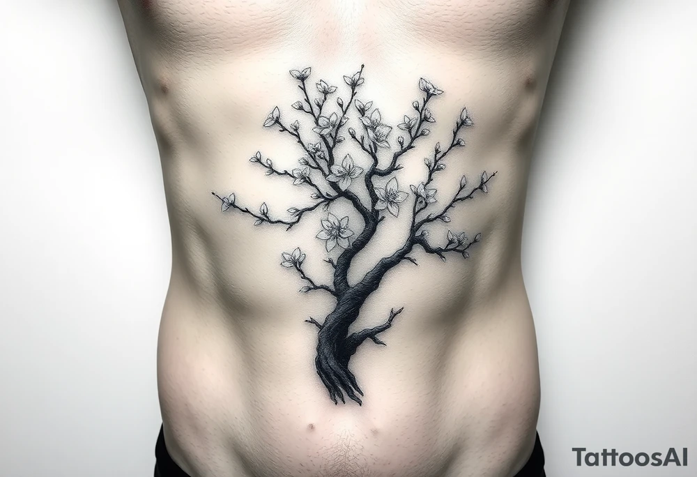 Cherry blossom tree in oblique abdomen tattoo idea
