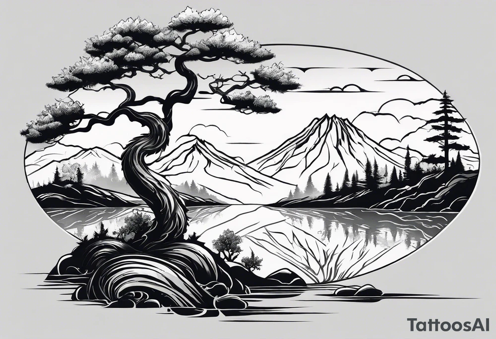 Full arm sleeve, tree going up to shoulder dead tree going down to wrist, wrapped in a serpent moving down with mountain and water elements tattoo idea