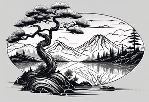 Full arm sleeve, tree going up to shoulder dead tree going down to wrist, wrapped in a serpent moving down with mountain and water elements tattoo idea