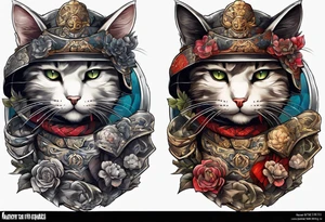 Cat with samurai armor full sleeve tattoo idea
