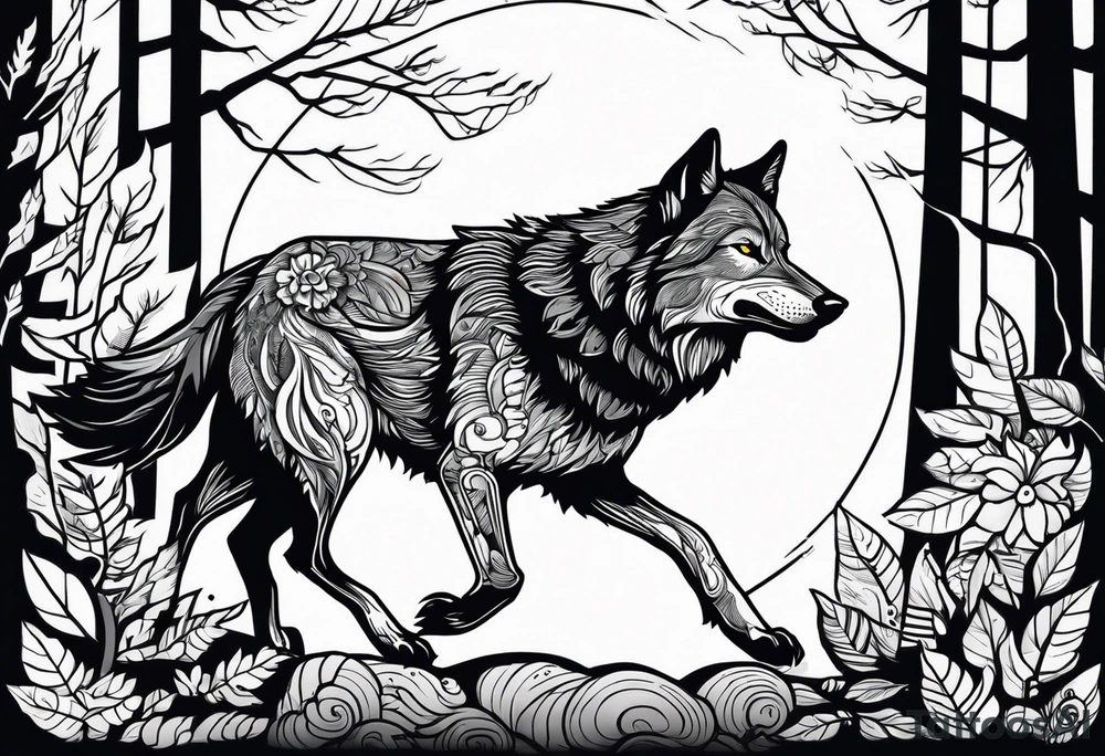 A powerful Wolf ist carrying a crow in His back
Background Woods tattoo idea