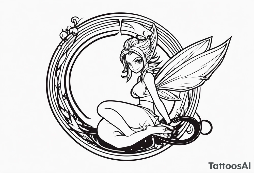A fairy with a tail inspired by the logo of the show called Fairy Tail in a fetal position leaning in tattoo idea