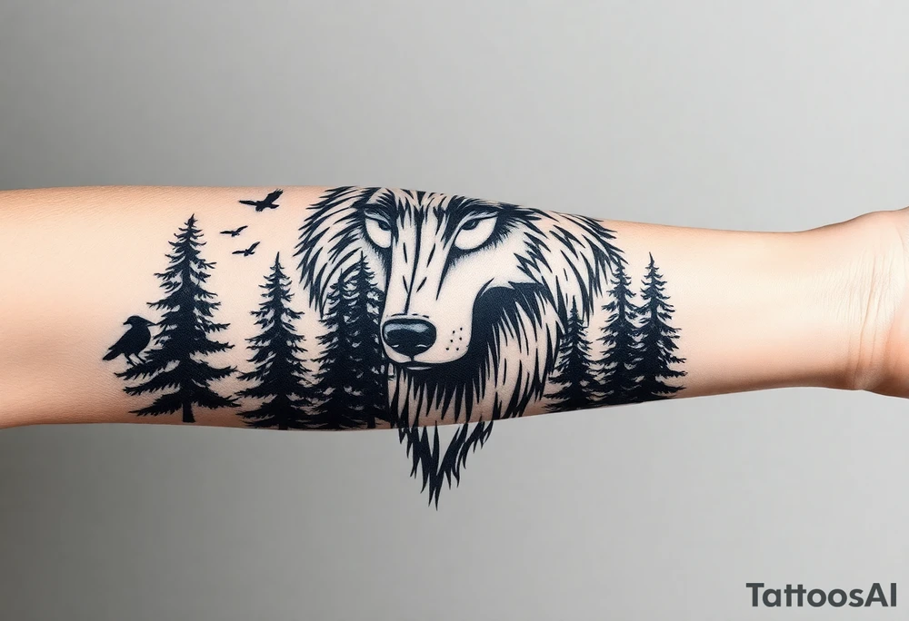 Wolf head surrounded by large pine trees growing from black ground and very small ravens flying overhead tattoo idea