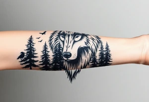 Wolf head surrounded by large pine trees growing from black ground and very small ravens flying overhead tattoo idea