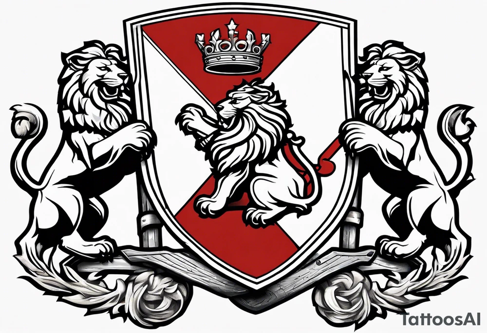 Swanson coat of arms on a shield being held up by two lions with crossed skis behind the shield tattoo idea