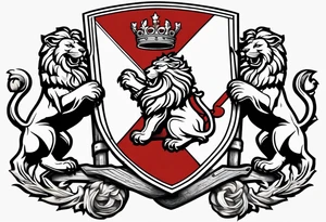 Swanson coat of arms on a shield being held up by two lions with crossed skis behind the shield tattoo idea