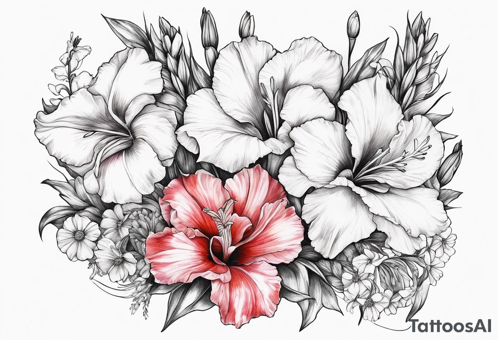 Gladiolus, Poppy, Daisy, Sweet Pea floral tattoo idea