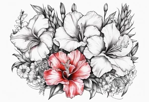 Gladiolus, Poppy, Daisy, Sweet Pea floral tattoo idea
