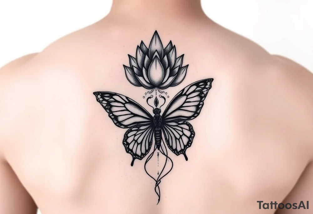 Elegant spine tattoo with lotus flower and butterfly with cracked wings mid back down tattoo idea