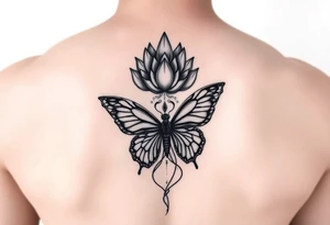 Elegant spine tattoo with lotus flower and butterfly with cracked wings mid back down tattoo idea