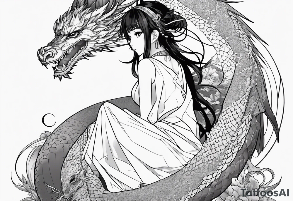 a full shot of an anime girl seen from far, sitting on a ball and surrounded by asian dragon with wings tattoo idea