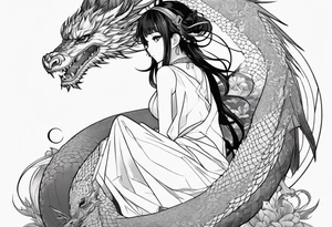 a full shot of an anime girl seen from far, sitting on a ball and surrounded by asian dragon with wings tattoo idea