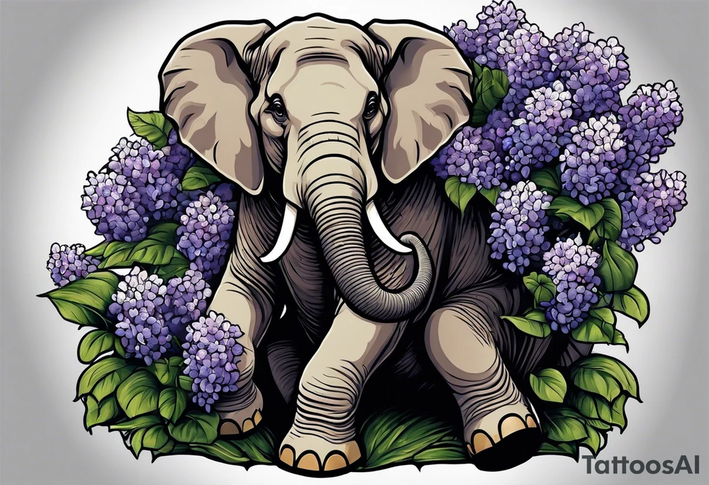Seated elephant holding lilacs in trunk tattoo idea