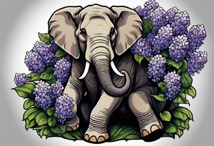 Seated elephant holding lilacs in trunk tattoo idea
