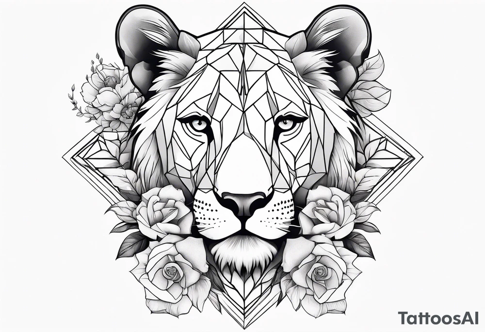 Birth flower tattoo with lioness and cubs tattoo idea